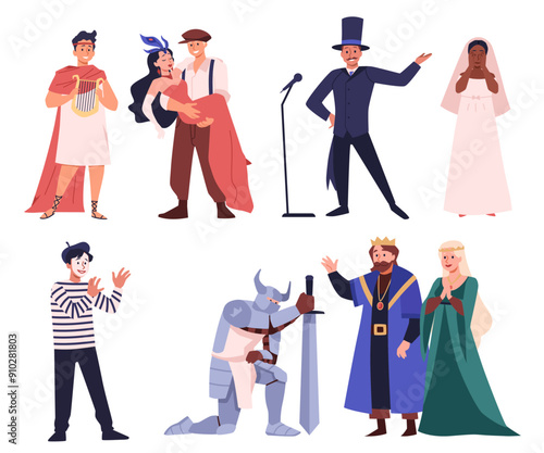 Theater artists vector cartoon set, knight, king and queen stage, comedian show, magic illusionist, lovers performances