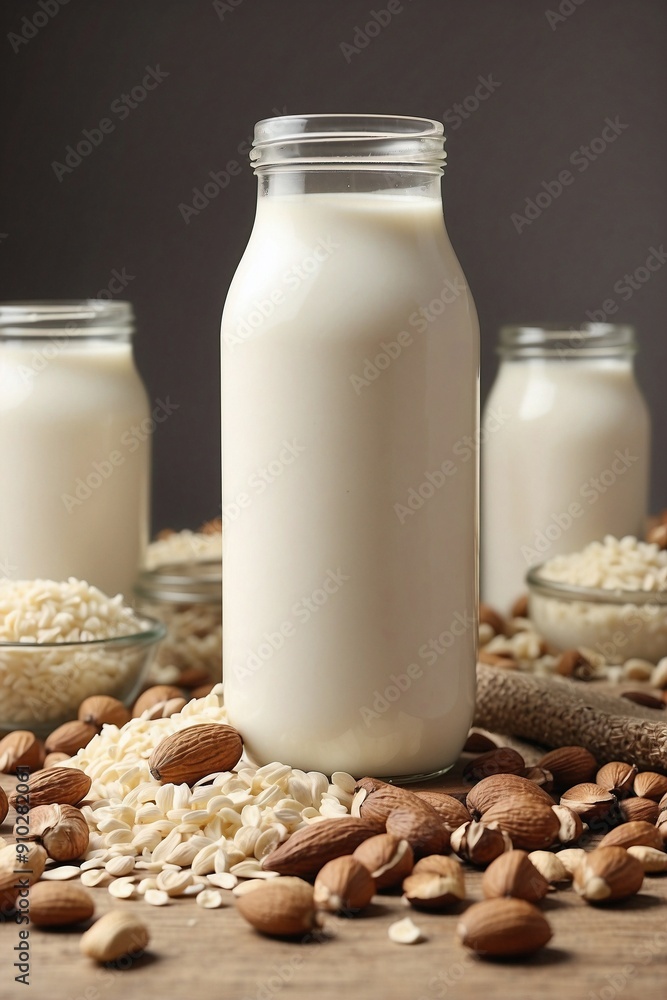 Table Set with Glass Bottles of Milk and Nuts Table Set with Glass Bottles of Milk and Nuts
