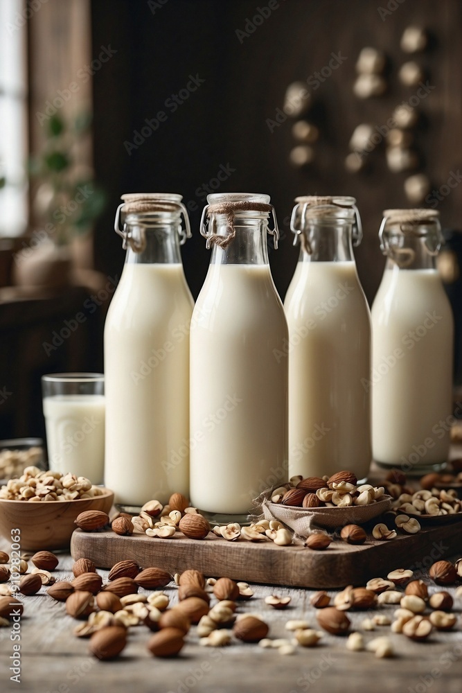 Table Set with Glass Bottles of Milk and Nuts Table Set with Glass Bottles of Milk and Nuts