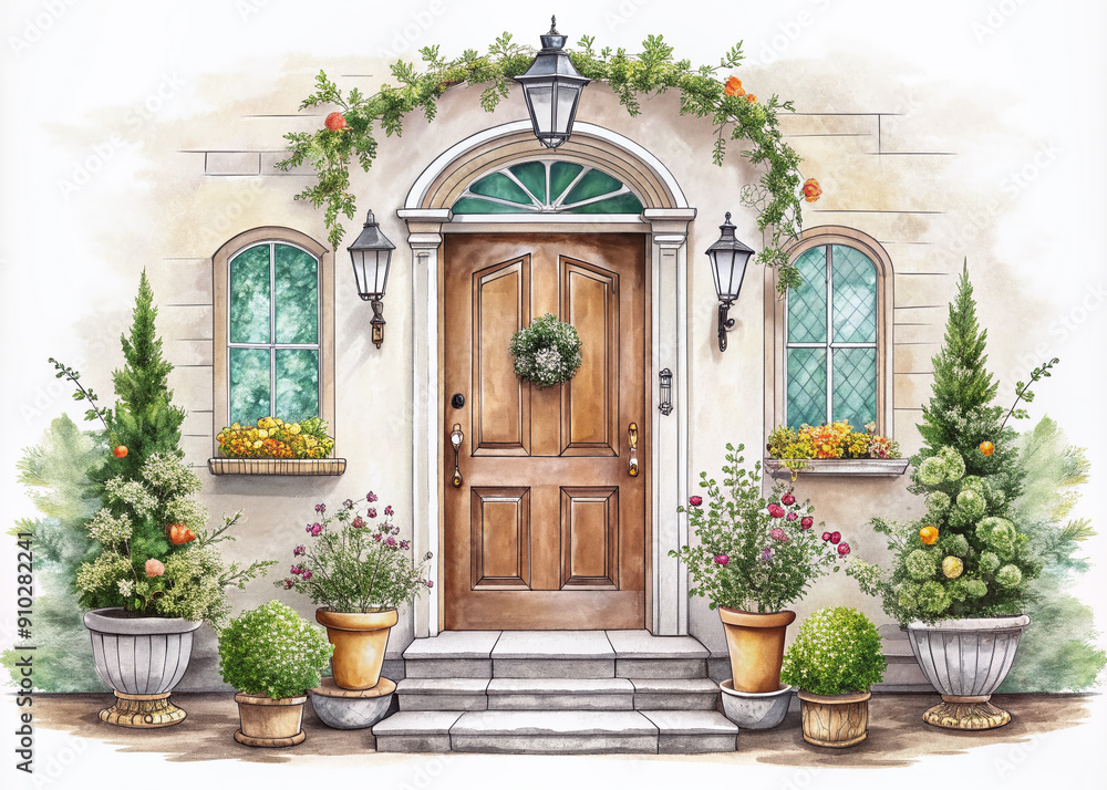 Fototapeta premium Whimsical hand-drawn illustration of a charming house front door with intricate details and ornate decorations on a clean white background, evoking a sense of warmth and welcome.