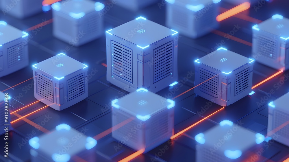 Digital futuristic data blocks represent advanced technology and blockchain concepts with a blue neon glow, on a dark background. Digital futuristic data blocks represent advanced technology and blockchain concepts with a blue neon glow, on a dark background.