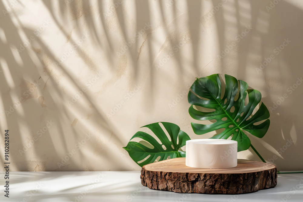 Eco-friendly White Round Box with Green Leaves on Wooden Slab - Nature-inspired Minimalistic Packaging with Rustic Charm Eco-friendly White Round Box with Green Leaves on Wooden Slab - Nature-inspired Minimalistic Packaging with Rustic Charm