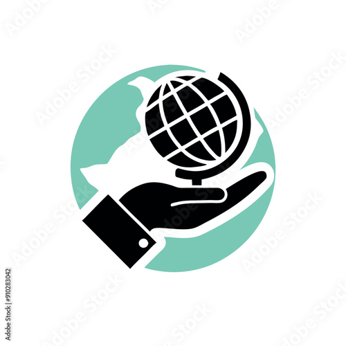 a hand holding geographical blobal icon, isolated white background