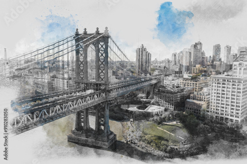 Watercolor art Brooklyn bridge city, NYC, USA