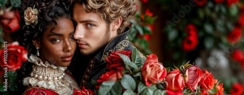 Romeo and Juliet couple. Lover from William Shakespeare medieval romantic theater. Love play with african girl and man. Verona castle with rose. Princess prince, theatre fairytale. Romeo, Juliet love