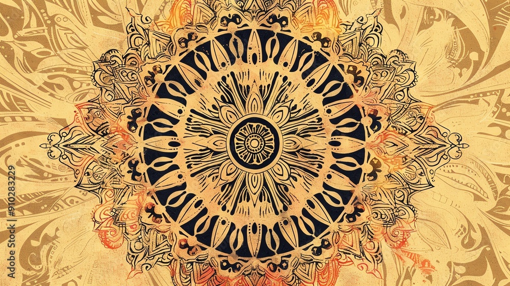 Fototapeta premium Intricate mandala design with swirling patterns in warm yellow and brown tones.