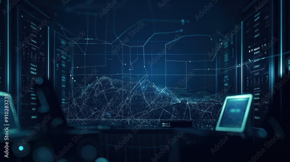 Futuristic scene of two computer monitors facing each other in blue gray hues. Complex network or system background filled with intricate lines shapes. Futuristic scene of two computer monitors facing each other in blue gray hues. Complex network or system background filled with intricate lines shapes.