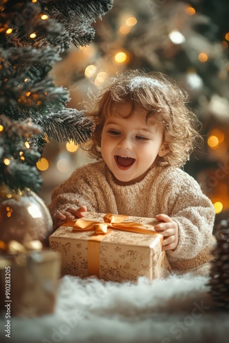 Joyful Child Opening Christmas Gift by Decorated Tree with Festive Lights and Ornaments in Cozy Holiday Setting