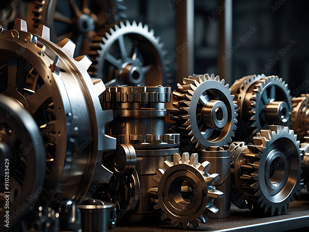 Fototapeta premium Machinery gears and cogs, intricately interlocking and working together, create a complex network of moving parts.