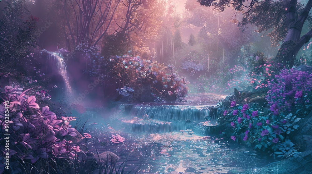 Fototapeta premium Magical, ethereal forest with cascading waterfall and vibrant purple flowers. Sunlight filters through the trees, creating a dreamy atmosphere.