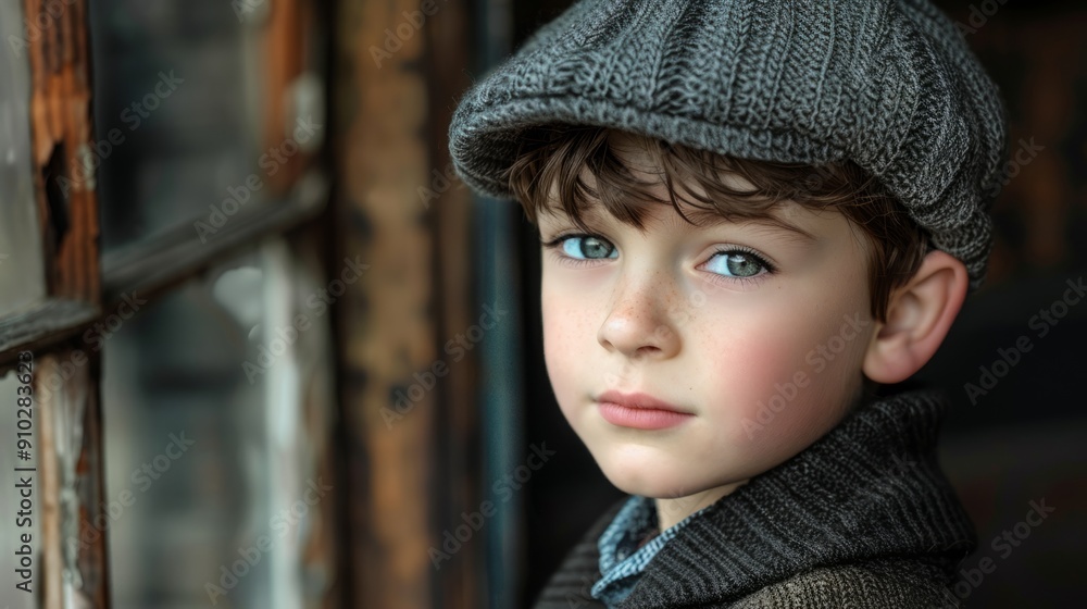 Portrait of boy in gray knitted cap and sweater looking forward Portrait of boy in gray knitted cap and sweater looking forward