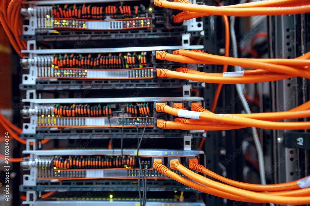 Complex network of orange cables arranged in intricate pattern connected to various components and devices. Cables extend beyond frame suggesting well-organized system or network. Complex network of orange cables arranged in intricate pattern connected to various components and devices. Cables extend beyond frame suggesting well-organized system or network.