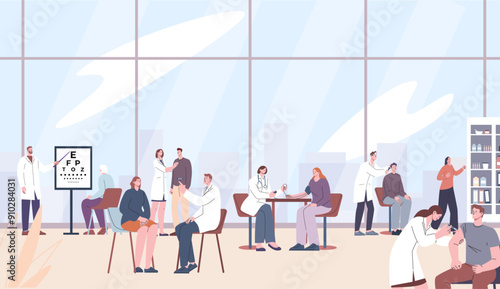 Tiny people on medical check up in modern hospital. Medicine on workplace, doctors examining patients in the office. Healthcare vector scene