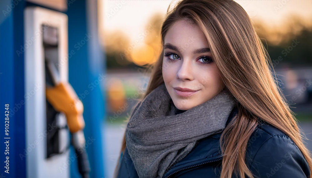 Fototapeta premium Junge Frau an der Tankstelle