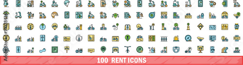 100 rent icons set. Color line set of rent vector icons thin line color flat on white
