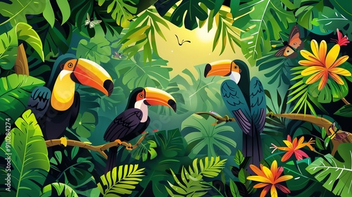 Three toucans perched on branches in a lush tropical jungle, surrounded by vibrant foliage and exotic flowers. The sun shines through the canopy, casting a warm glow. photo