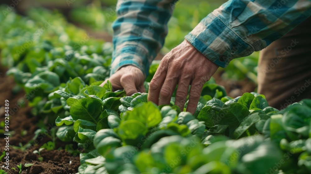 Farmer tending to spinach plants. Closeup of a farmer's hand tending to vibrant spinach plants growing in a garden. Farmer tending to spinach plants. Closeup of a farmer's hand tending to vibrant spinach plants growing in a garden.