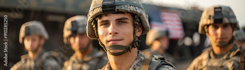 Photo of young USA soldiers in their uniform, they dont have weapons, just uniforms In the background its a military hangar with a USA flag