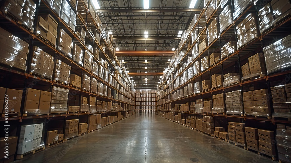 Large Warehouses with Rows of Stacked Boxes in Industrial Settings. AI generated image Large Warehouses with Rows of Stacked Boxes in Industrial Settings. AI generated image