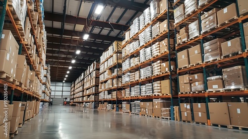 Large Warehouses with Rows of Stacked Boxes in Industrial Settings. AI generated image