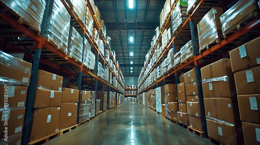 Large Warehouses with Rows of Stacked Boxes in Industrial Settings. AI generated image Large Warehouses with Rows of Stacked Boxes in Industrial Settings. AI generated image