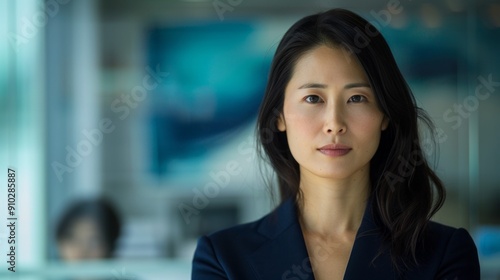 Professional woman in business suit. Confident Asian businesswoman looking directly at the camera with a serious expression. She is wearing a blue blazer and has long dark hair.