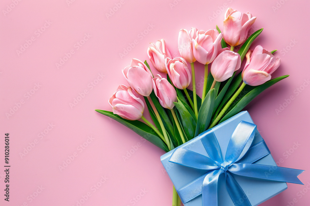 Pink Tulips with Blue Gift Box: Elegant Spring Gift Arrangement with Floral Decor and Present Copyspace Pink Tulips with Blue Gift Box: Elegant Spring Gift Arrangement with Floral Decor and Present Copyspace
