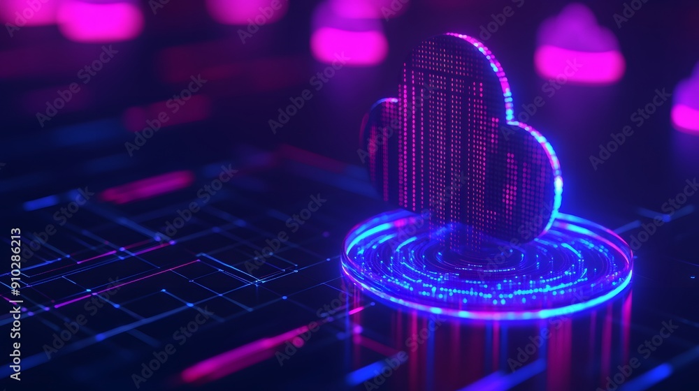 Obraz premium Futuristic 3D rendering of cloud computing technology with digital data visualization and neon lights, symbolizing modern cloud storage solutions.