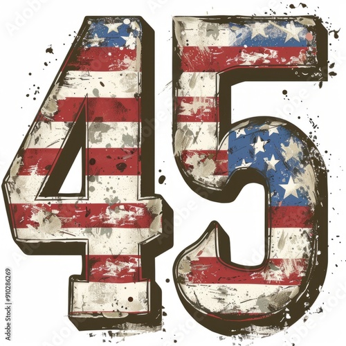 Grungy number 45 with American flag colors, stars and stripes photo