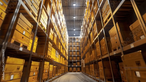 Large Warehouses with Rows of Stacked Boxes in Industrial Settings. AI generated image