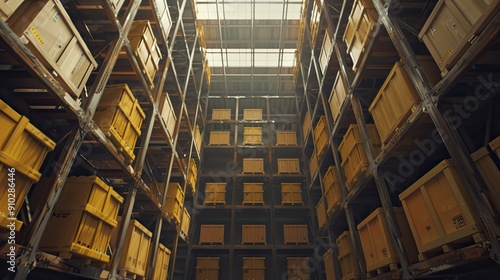 Large Warehouses with Rows of Stacked Boxes in Industrial Settings. AI generated image