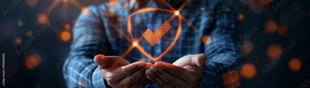 Businessman holds a virtual shield with a check mark in one hand and a virtual home icon with the other minimalistic drawing drawing without light Businessman holds a virtual shield with a check mark in one hand and a virtual home icon with the other minimalistic drawing drawing without light