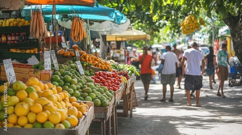 A street market with a variety of fruits and vegetables for sale