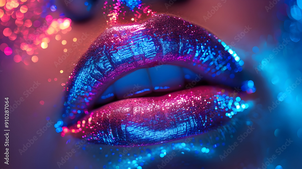 Close-Up of Glittery Lips with Blue and Pink