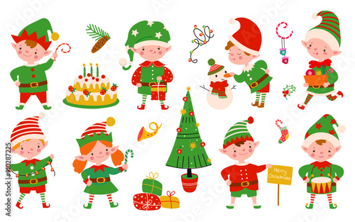 Christmas elves characters. Santa elf, xmas helpers with gifts sweets decorations. Winter holiday creatures in costumes and hats, nowaday vector set