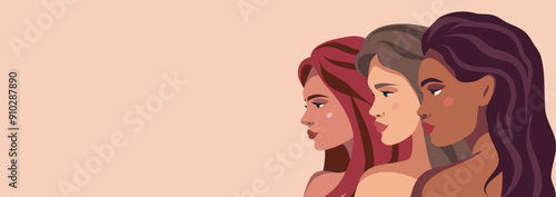 Banner horizontal with international women's day with place for text, portrait of different women standing together, concept of feminism, empowerment, concept of struggle for women's freedom, protest