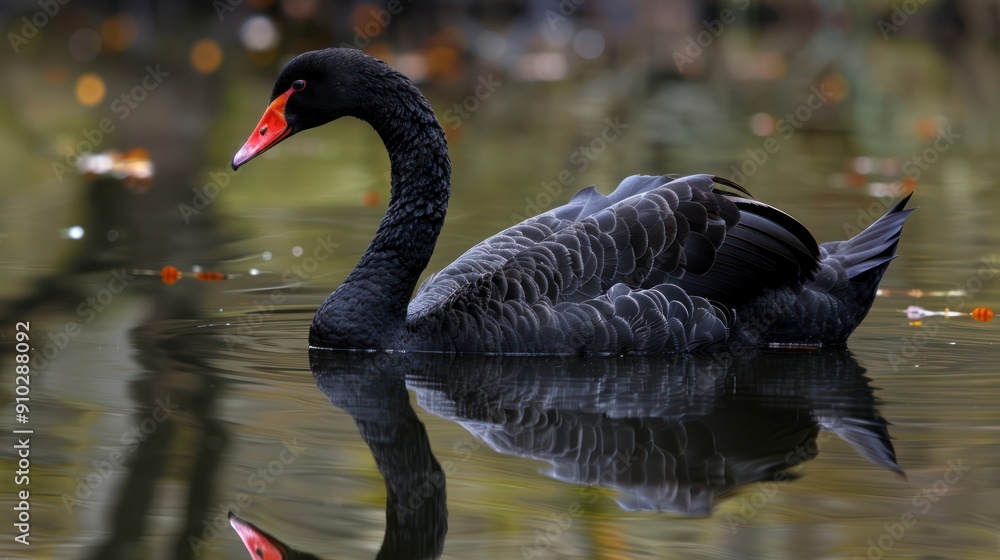 Obraz premium black swan float in water river lake and reflection