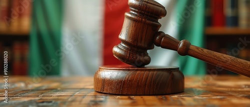 A judge s gavel with a blurred flag of Italy in the background Closeup of the wooden hammer and legal documents Law and court system concept