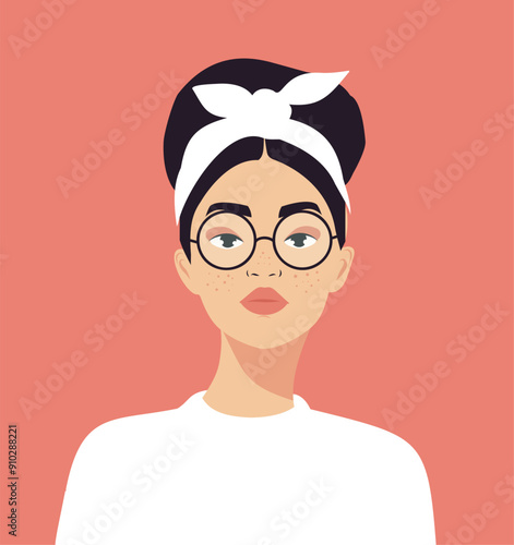  Vector flat illustration avatar portrait of a young beautiful woman of European appearance with freckles on her face and a scarf in her hair.