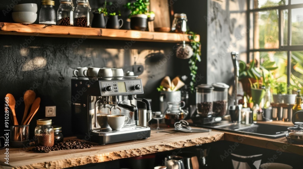 A kitchen with a coffee maker and a variety of cups and bowls A kitchen with a coffee maker and a variety of cups and bowls
