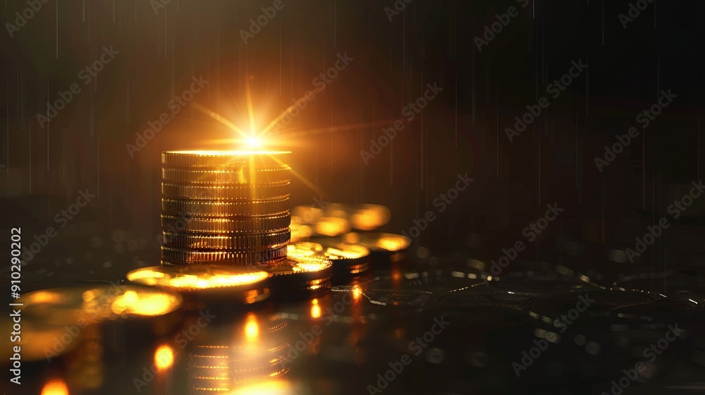 Golden coins stacked in the rain. A stack of golden coins with a bright light emanating from the top, symbolizing wealth and prosperity, with a dark background and a light rain falling. Golden coins stacked in the rain. A stack of golden coins with a bright light emanating from the top, symbolizing wealth and prosperity, with a dark background and a light rain falling.