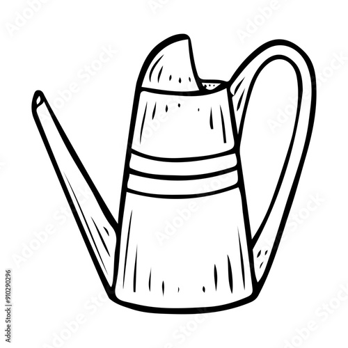 A watering can for watering flowers, hand drawn in doodle style. Hobby gardening. Water tool with handle and long spout. Vector line art illustration.