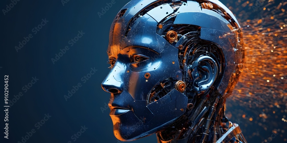 A digital head constructed from numerous pixels, blending blue and orange shades, depicting advanced technology and digital transformation. A digital head constructed from numerous pixels, blending blue and orange shades, depicting advanced technology and digital transformation.