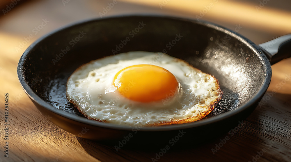 Close-up of a sunny-side-up fried egg in a cast-iron skillet on a wooden surface, bathed in warm natural light. Close-up of a sunny-side-up fried egg in a cast-iron skillet on a wooden surface, bathed in warm natural light.