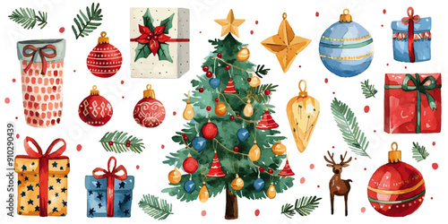 A festive array of watercolor illustrations featuring a beautifully decorated Christmas tree, ornaments, and gift packages, perfect for seasonal cheer. Watercolor Christmas Decorations and Gifts Coll

