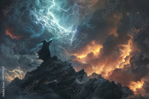 A wizard atop a mountain peak