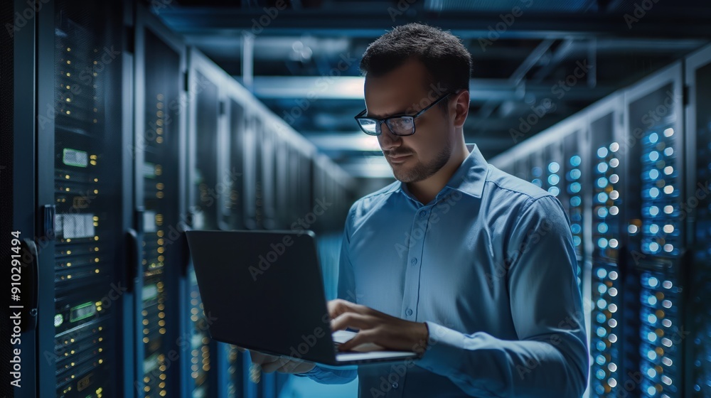 IT specialist works on laptop in data center server farm cloud computing facility. Male administrator focuses on cyber security and network protection for business e-business solutions. IT specialist works on laptop in data center server farm cloud computing facility. Male administrator focuses on cyber security and network protection for business e-business solutions.