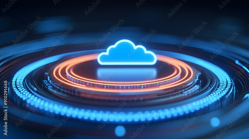 Futuristic cloud computing concept with glowing neon rings, representing advanced technology and digital connectivity. Futuristic cloud computing concept with glowing neon rings, representing advanced technology and digital connectivity.