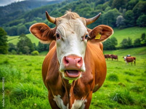 A curious brown cow with a distinctive white patch on its forehead proudly stands in a lush green meadow, loudly mooing with its mouth open.