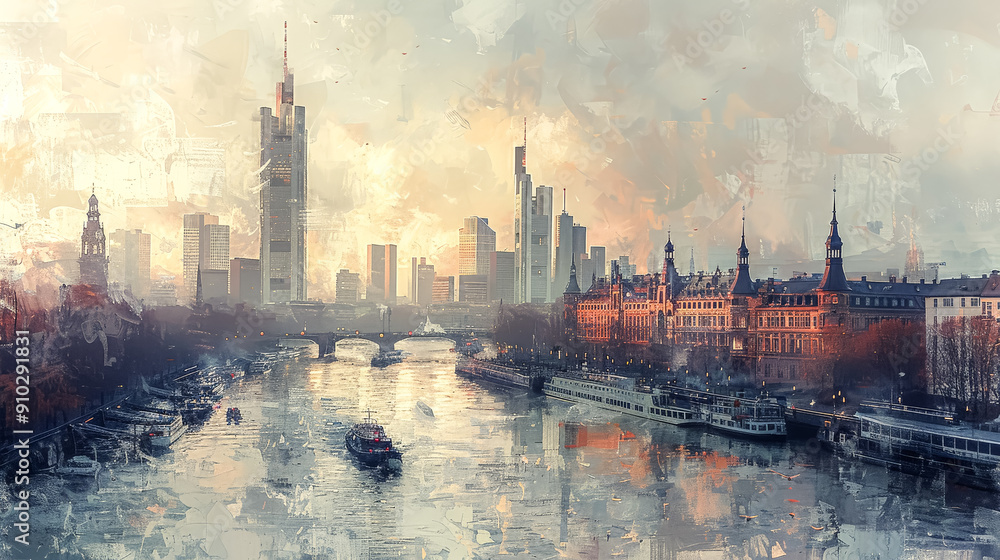 Obraz premium A painting of a city with a river running through it.
